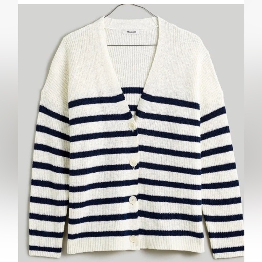 Madewell V-Neck Button-Front Long Cardigan Sweater Navy & White Striped Sz XS - Picture 5 of 13